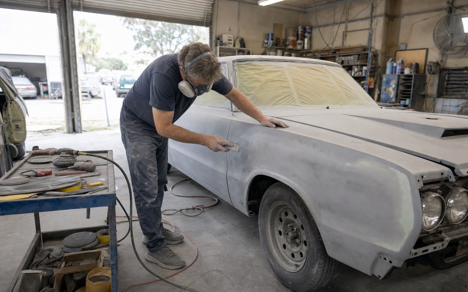 Technician sanding a vintage car body in a restoration shop