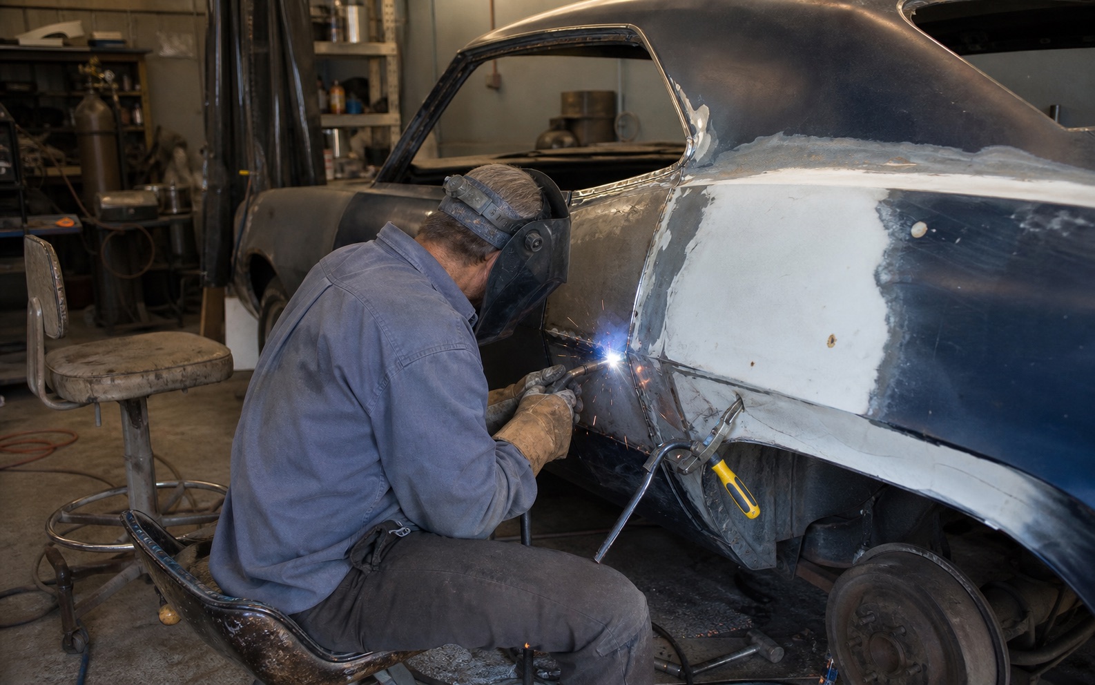 Fabricator welding replacement metal onto a classic car