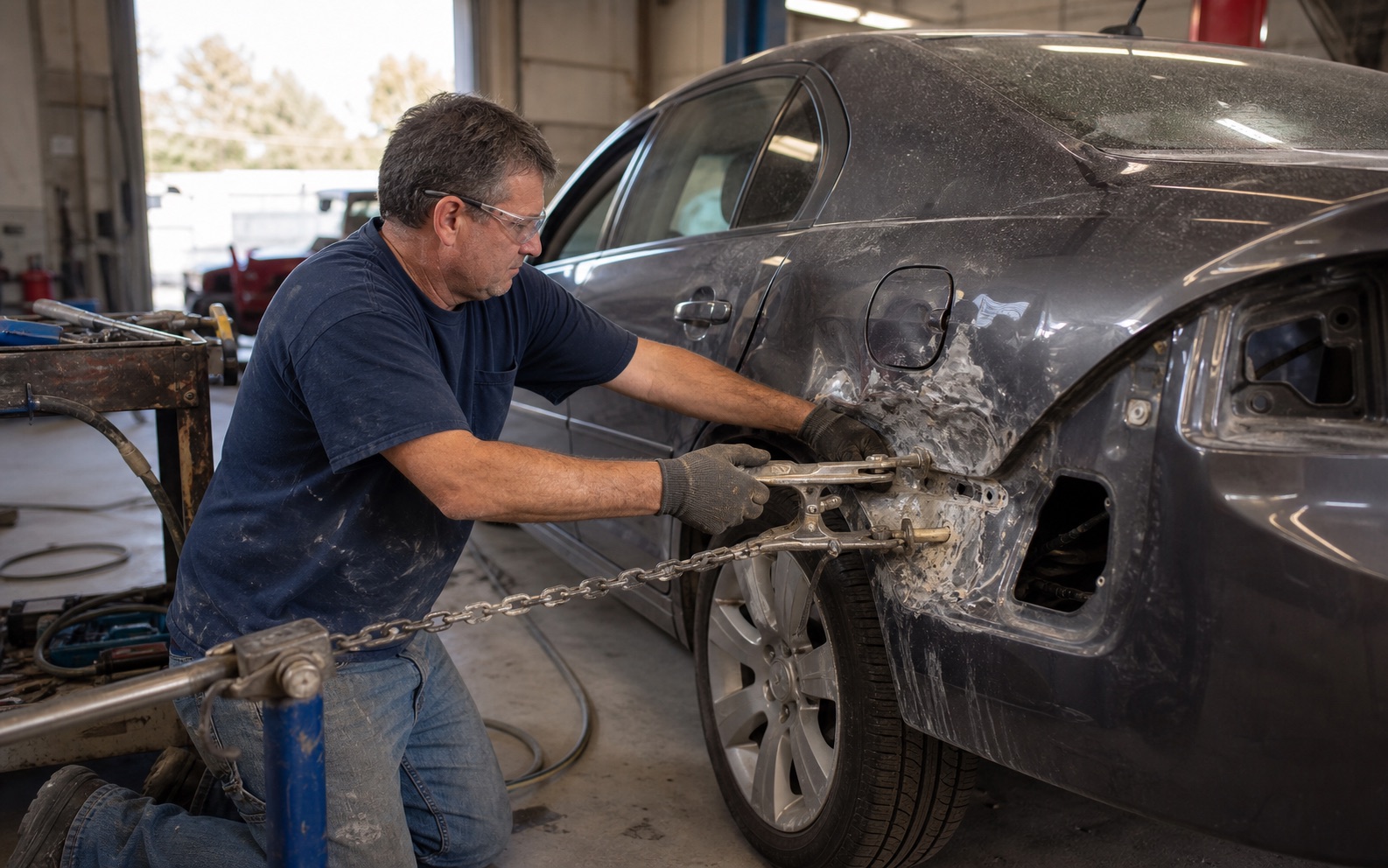 Collision technician pulling and reshaping a damaged rear quarter panel