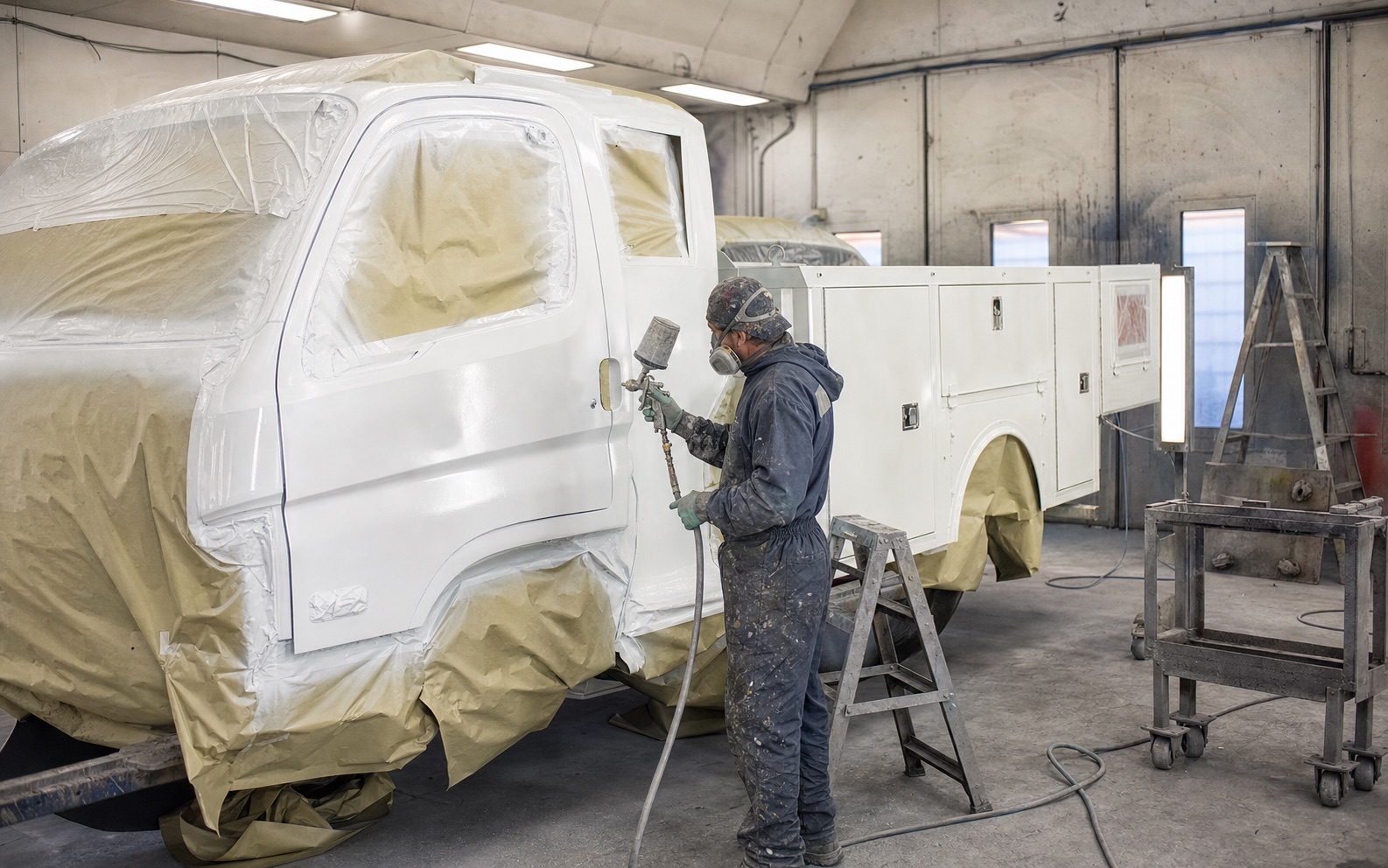 Refinishing technician painting a masked commercial utility truck