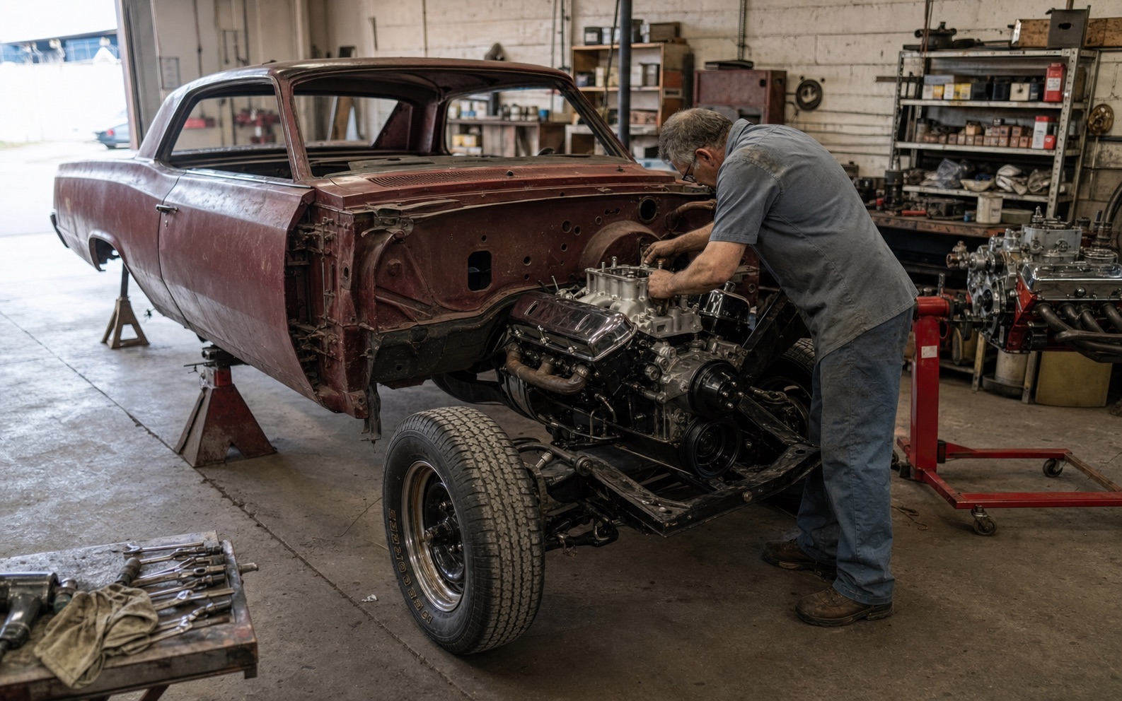 Restoration mechanic working on a classic car during a frame-off build